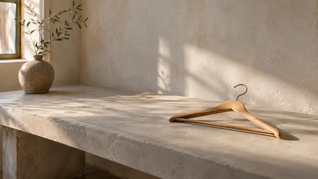 An empty workspace: an empty studio table of pale plaster with one bare wooden hanger in warm side light