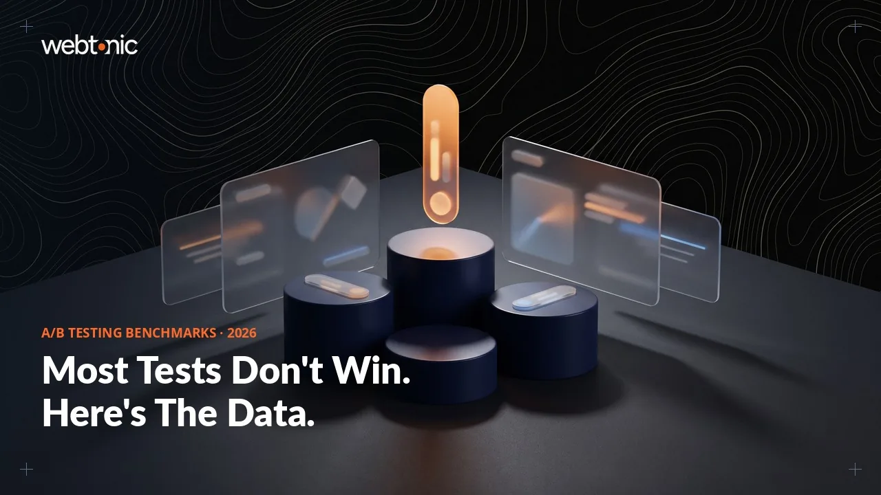 AB testing statistics 2026 thumbnail showing a 17.4 percent test win rate across a 2,408-test dataset and an 8.4 percent average lift on winning tests