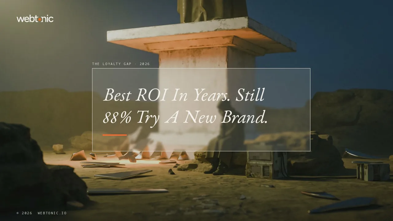 Brand loyalty statistics 2026 thumbnail showing loyalty programs reporting a record 5.3x average ROI even as 88 percent of shoppers tried a new brand this quarter