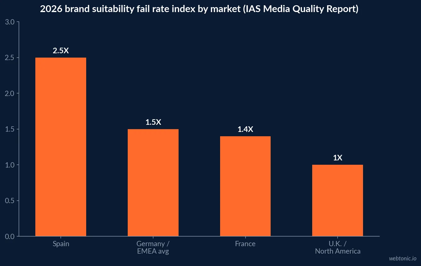 Bar chart comparing 2026 brand suitability fail rates across EMEA markets, with Spain at two and a half times the North American baseline, Germany and EMEA overall at one and a half times, France at one point four times and the UK at the baseline