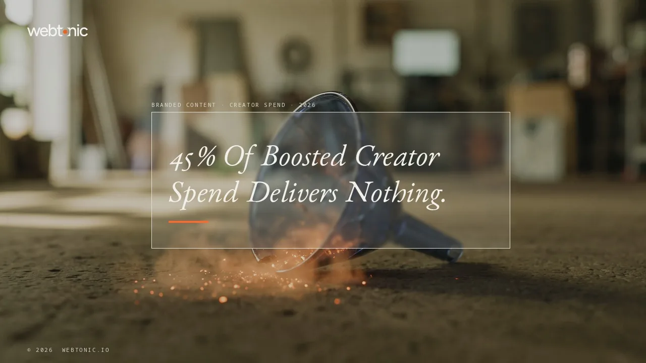 Branded content statistics 2026 thumbnail showing 45 percent of boosted creator ad spend on Meta delivering zero measurable brand value