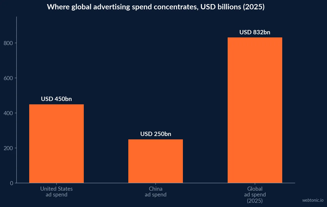 Bar chart showing where global advertising spend concentrates in 2025, comparing United States spend of 450 billion US dollars, China spend of 250 billion US dollars, and total global spend of 832 billion US dollars