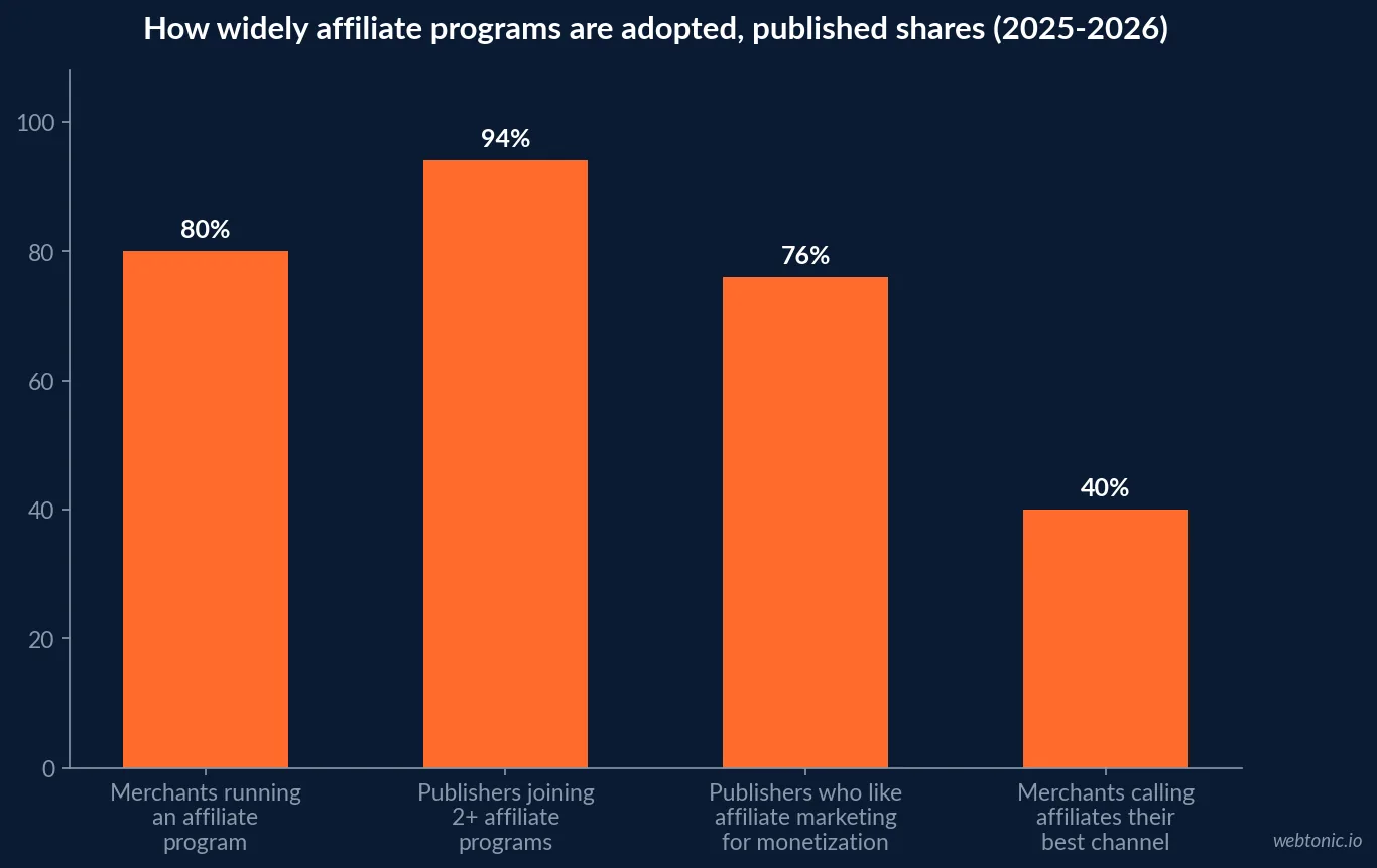 Bar chart showing how widely affiliate programs are adopted in 2025-2026, including 80 percent of merchants running a program, 94 percent of publishers joining two or more programs, 76 percent of publishers liking affiliate marketing for monetization, and 40 percent of merchants calling affiliates their best acquisition channel