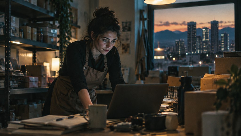 A small-business owner in an apron leaning over a laptop on a cluttered back-office desk late in the day, photographed in Denver