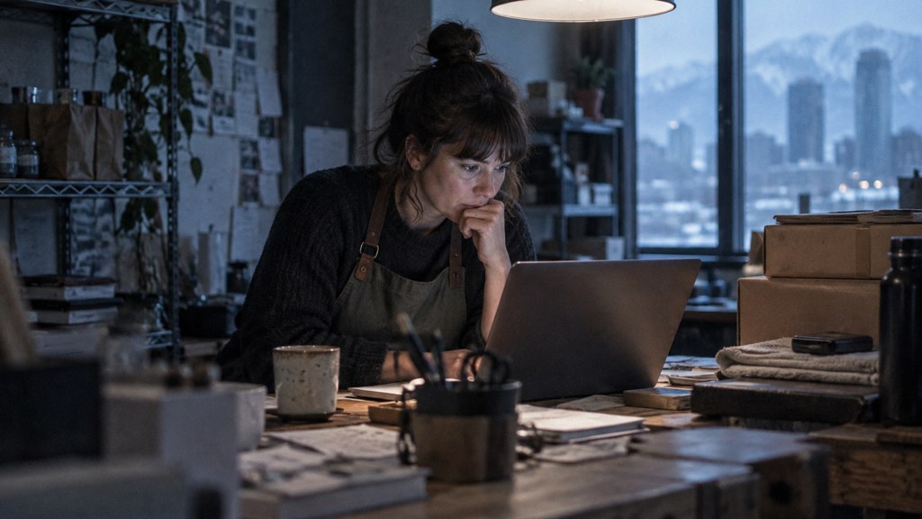 A small-business owner in an apron leaning over a laptop on a cluttered back-office desk late in the day, photographed in Denver