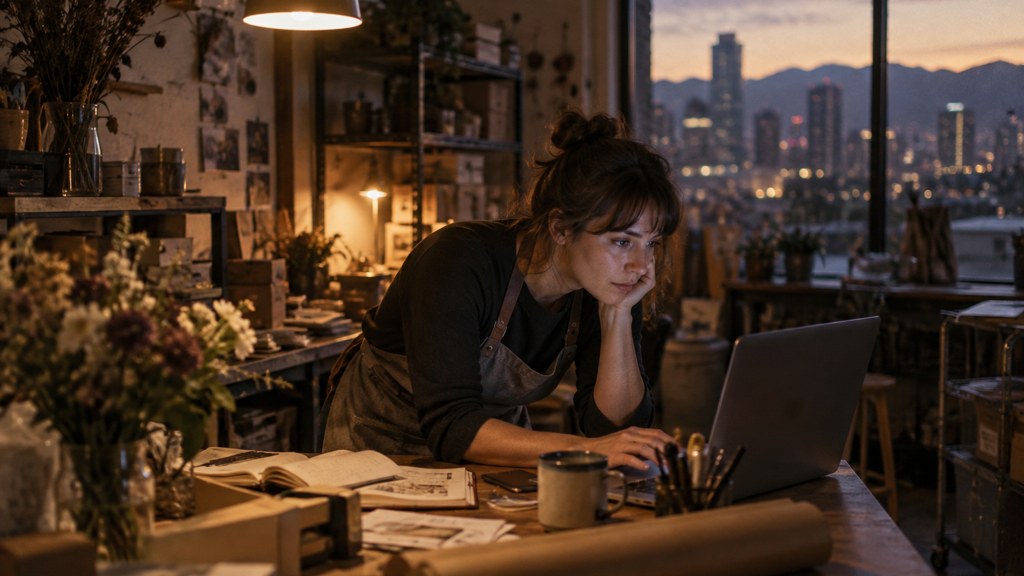 A small-business owner in an apron leaning over a laptop on a cluttered back-office desk late in the day, photographed in Denver