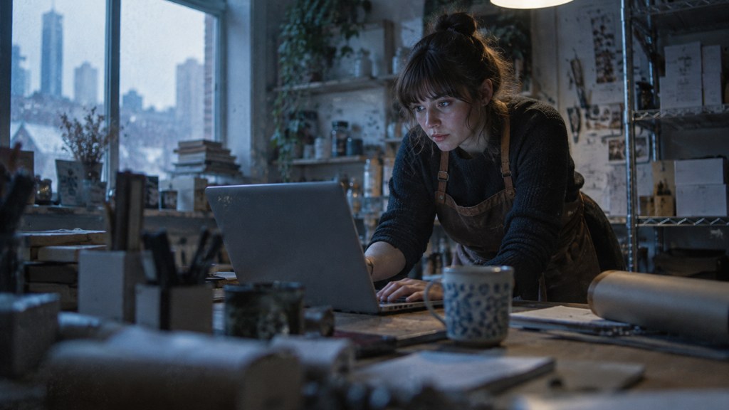 A small-business owner in an apron leaning over a laptop on a cluttered back-office desk late in the day, photographed in Denver