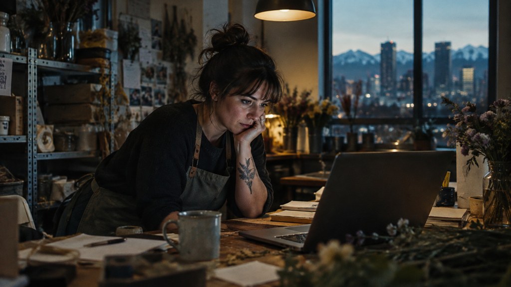 A small-business owner in an apron leaning over a laptop on a cluttered back-office desk late in the day, photographed in Denver