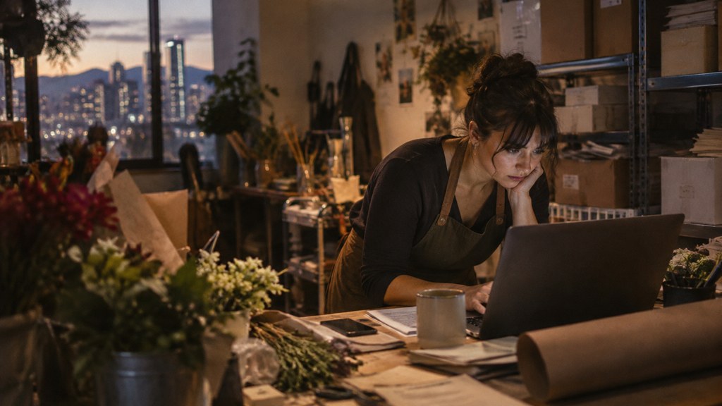 A small-business owner in an apron leaning over a laptop on a cluttered back-office desk late in the day, photographed in Denver