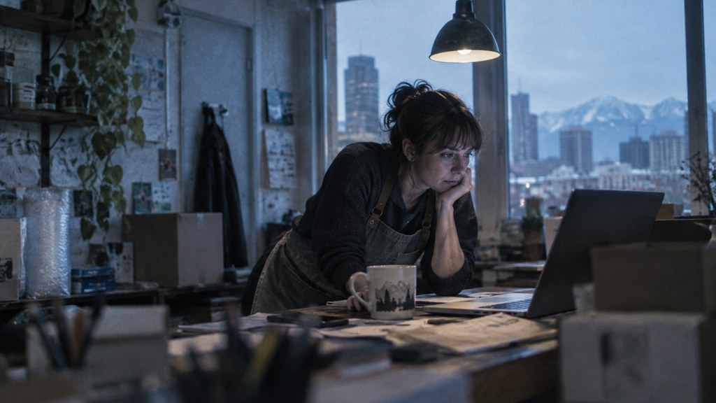 A small-business owner in an apron leaning over a laptop on a cluttered back-office desk late in the day, photographed in Denver