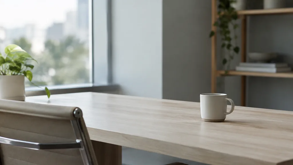 An empty workspace: an empty desk of pale ash with one bare ceramic cup in cool morning light