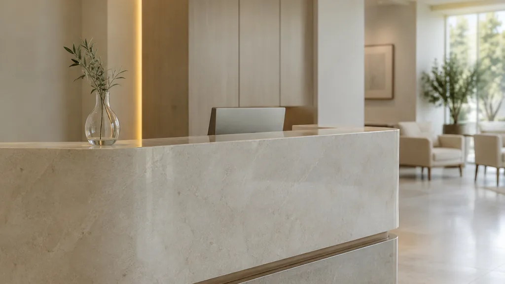 An empty workspace: an empty clinic reception counter of pale stone with one bare glass vase in soft diffused daylight