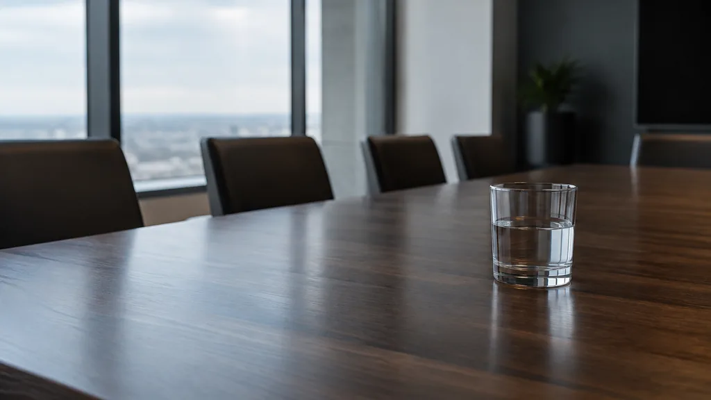 An empty workspace: an empty boardroom table of dark walnut with one bare water glass in cool north light