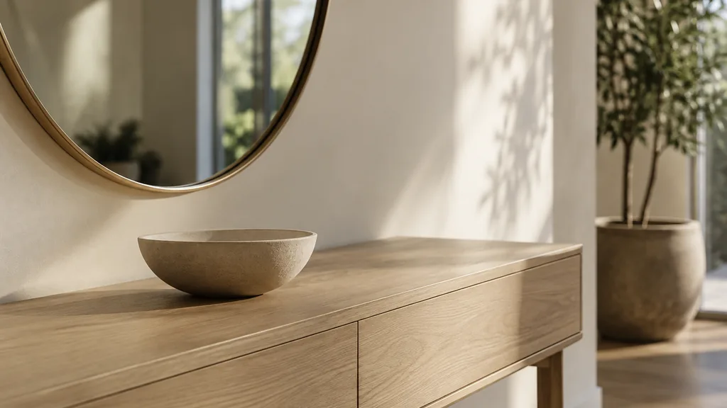 An empty workspace: an empty show-suite console of pale oak with one bare ceramic bowl in soft afternoon light