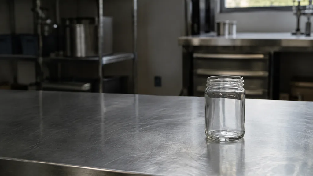An empty workspace: an empty workbench of brushed metal with one bare glass jar in cool overhead light