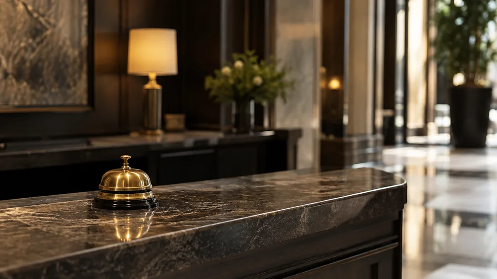 An empty workspace: an empty hotel concierge desk of dark stone with one bare brass bell in warm lamp light