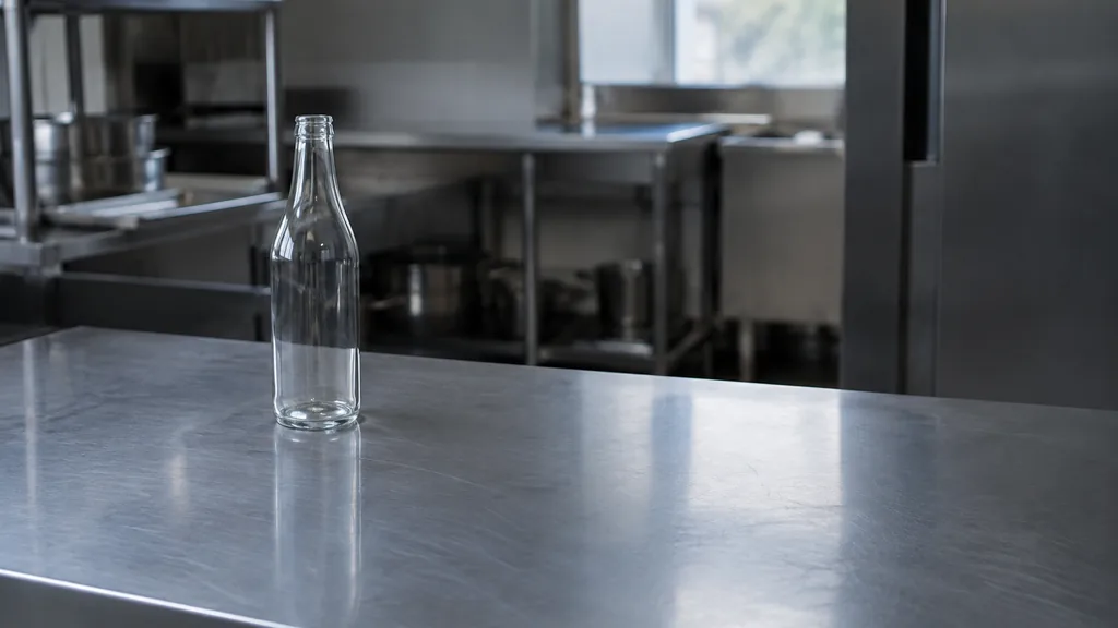 An empty workspace: an empty steel prep counter of brushed metal with one bare glass bottle in cool overhead light