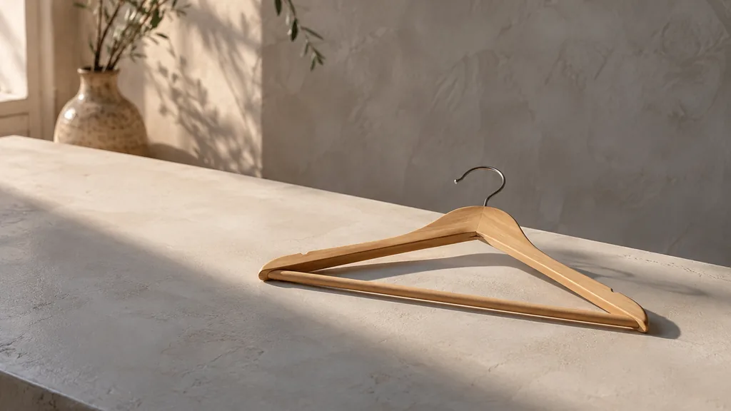 An empty workspace: an empty studio table of pale plaster with one bare wooden hanger in warm side light