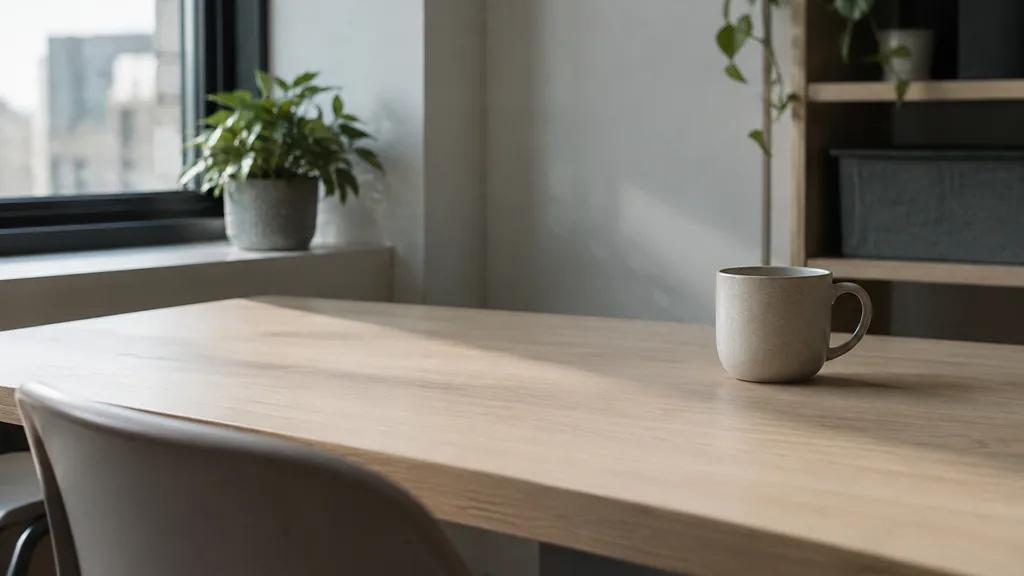 An empty workspace: an empty desk of pale ash with one bare ceramic cup in cool morning light