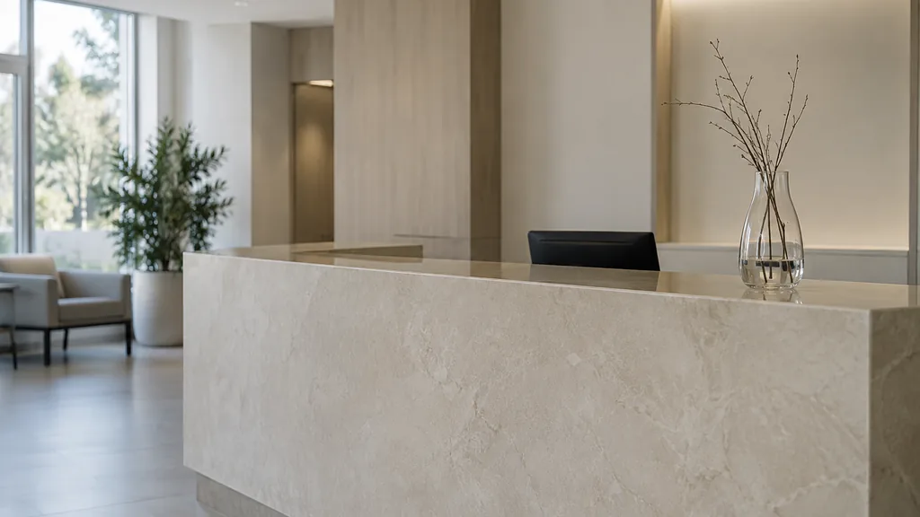 An empty workspace: an empty clinic reception counter of pale stone with one bare glass vase in soft diffused daylight