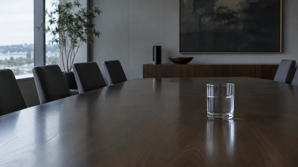 An empty workspace: an empty boardroom table of dark walnut with one bare water glass in cool north light