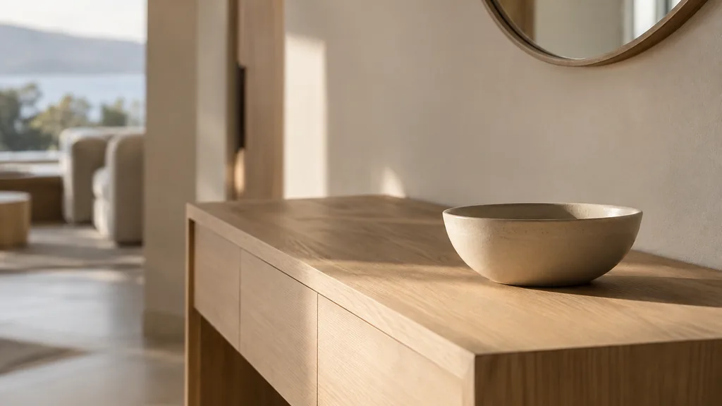 An empty workspace: an empty show-suite console of pale oak with one bare ceramic bowl in soft afternoon light