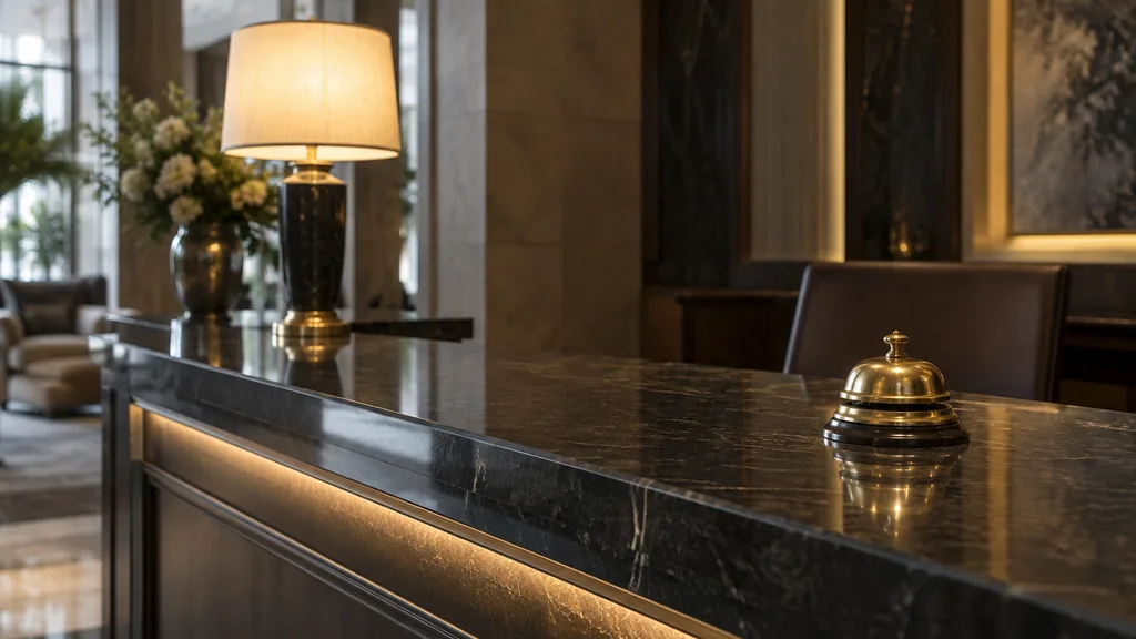 An empty workspace: an empty hotel concierge desk of dark stone with one bare brass bell in warm lamp light