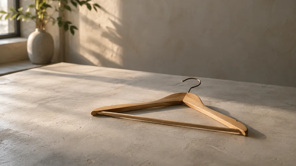 An empty workspace: an empty studio table of pale plaster with one bare wooden hanger in warm side light