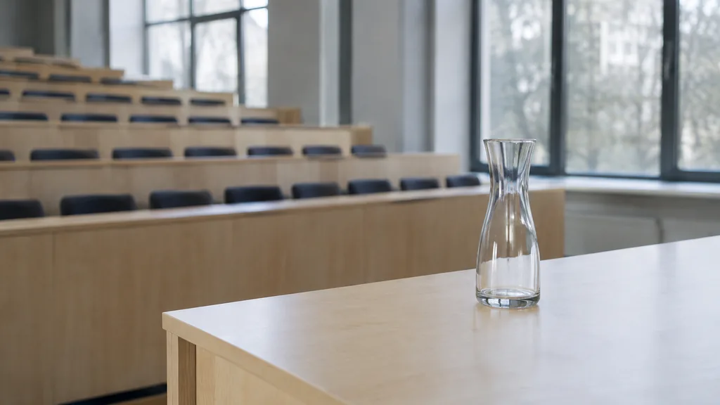 An empty workspace: an empty lecture hall desk of pale birch with one bare glass carafe in cool daylight