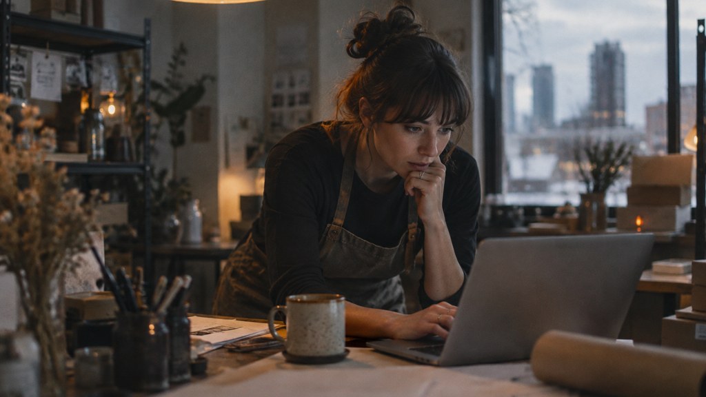A small-business owner in an apron leaning over a laptop on a cluttered back-office desk late in the day, photographed in Denver