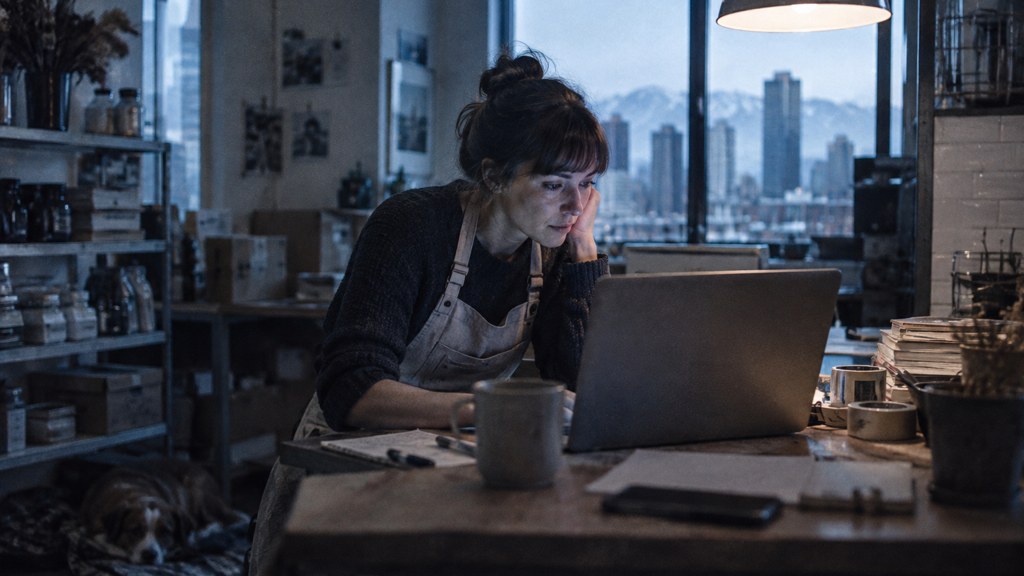 A small-business owner in an apron leaning over a laptop on a cluttered back-office desk late in the day, photographed in Denver
