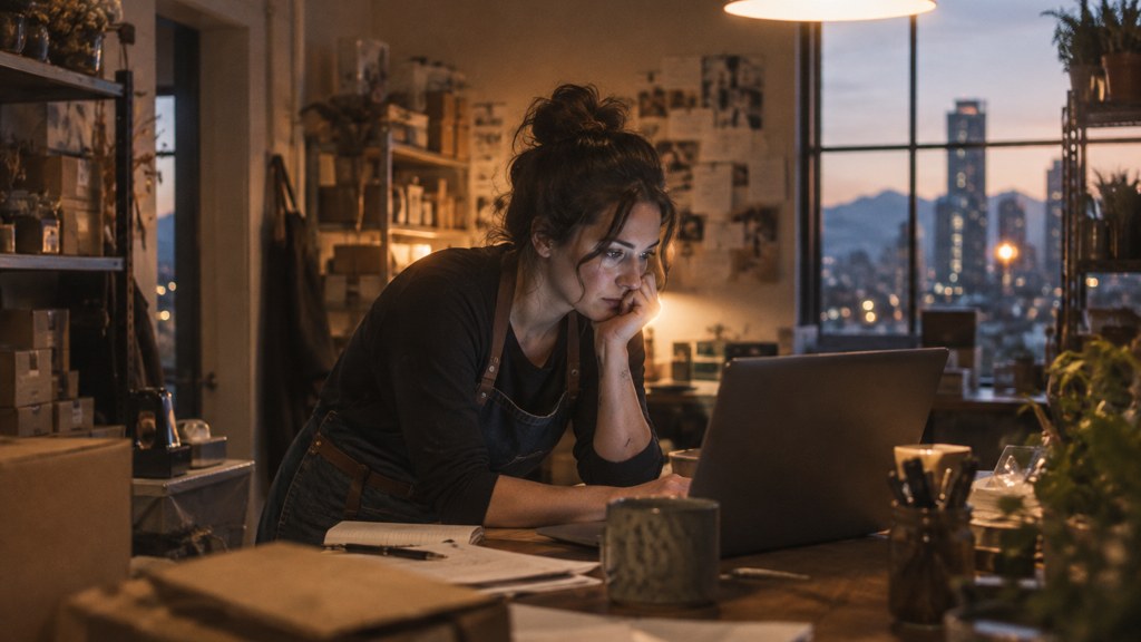 A small-business owner in an apron leaning over a laptop on a cluttered back-office desk late in the day, photographed in Denver