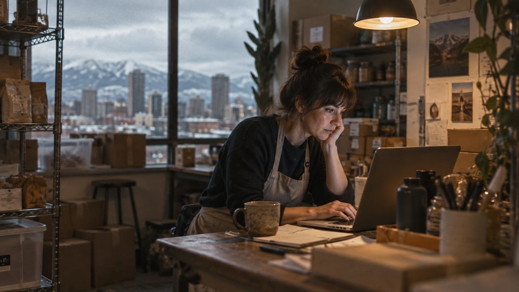 A small-business owner in an apron leaning over a laptop on a cluttered back-office desk late in the day, photographed in Denver