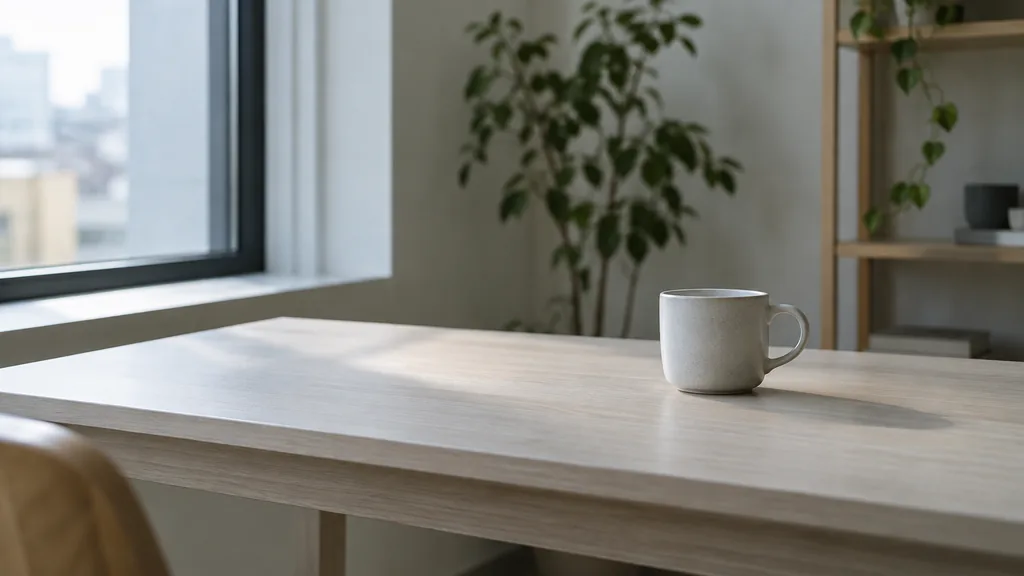 An empty workspace: an empty desk of pale ash with one bare ceramic cup in cool morning light