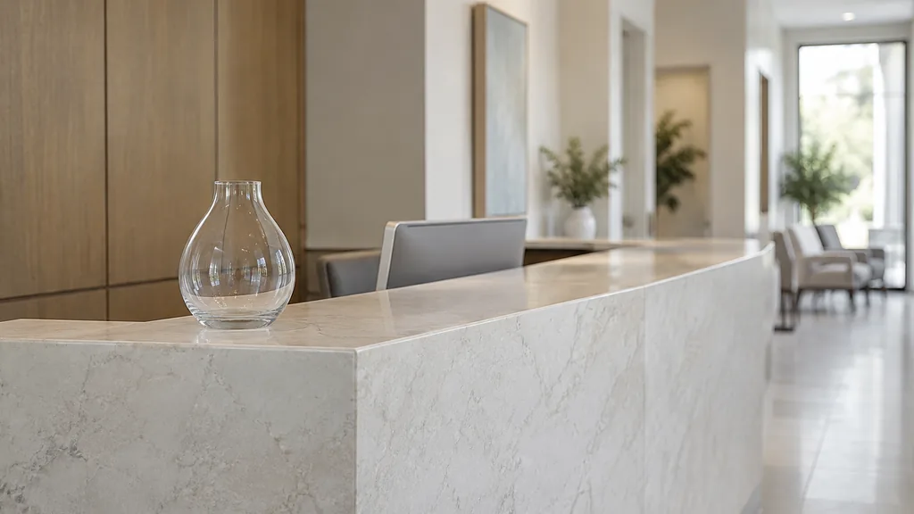 An empty workspace: an empty clinic reception counter of pale stone with one bare glass vase in soft diffused daylight