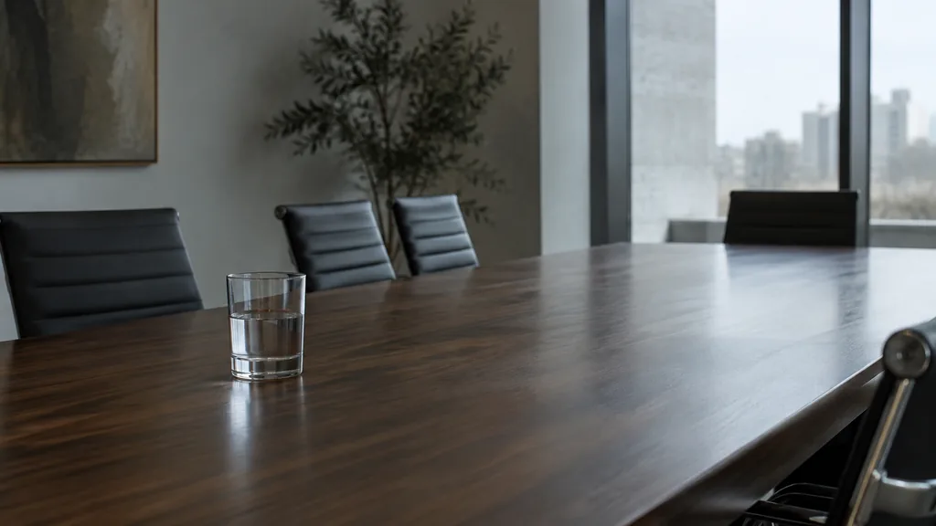 An empty workspace: an empty boardroom table of dark walnut with one bare water glass in cool north light
