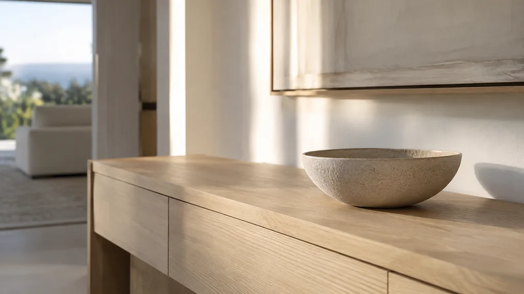 An empty workspace: an empty show-suite console of pale oak with one bare ceramic bowl in soft afternoon light