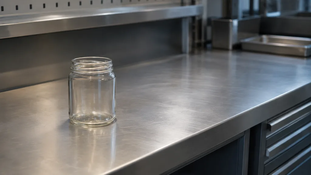 An empty workspace: an empty workbench of brushed steel with one bare glass jar in cool overhead light