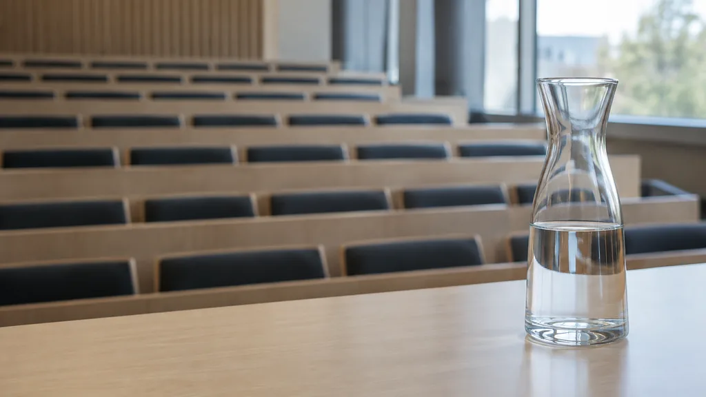 An empty workspace: an empty lecture hall desk of pale birch with one bare glass carafe in cool daylight