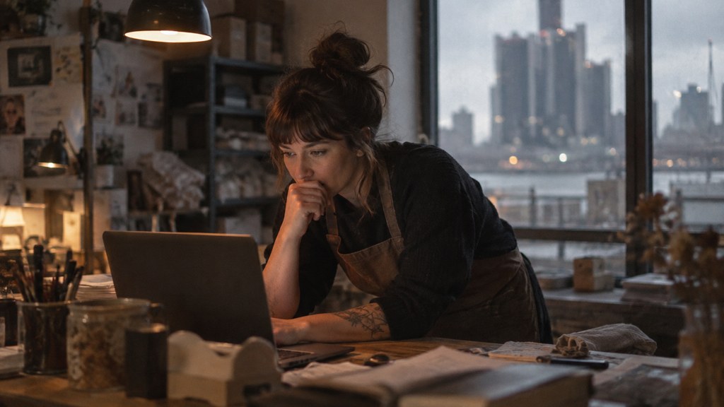 A small-business owner in an apron leaning over a laptop on a cluttered back-office desk late in the day, photographed in Detroit