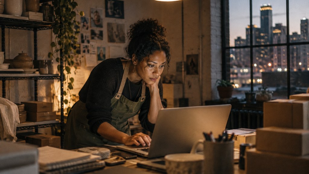 A small-business owner in an apron leaning over a laptop on a cluttered back-office desk late in the day, photographed in Detroit