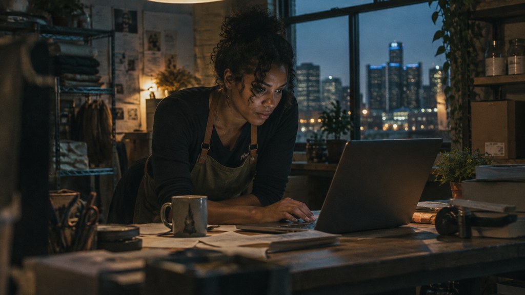 A small-business owner in an apron leaning over a laptop on a cluttered back-office desk late in the day, photographed in Detroit