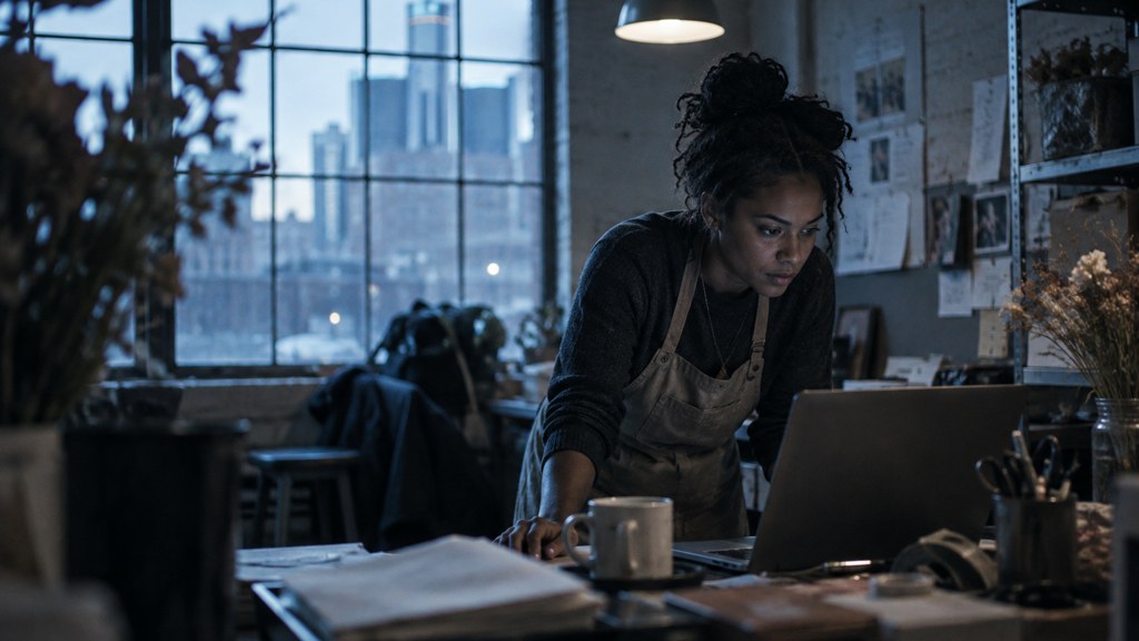 A small-business owner in an apron leaning over a laptop on a cluttered back-office desk late in the day, photographed in Detroit