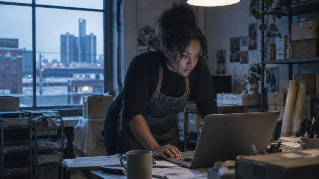 A small-business owner in an apron leaning over a laptop on a cluttered back-office desk late in the day, photographed in Detroit