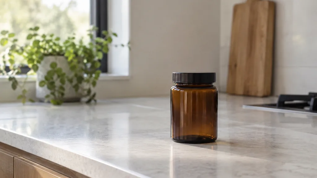 An empty workspace: an empty kitchen counter of pale stone with one bare amber supplement jar in soft diffused daylight