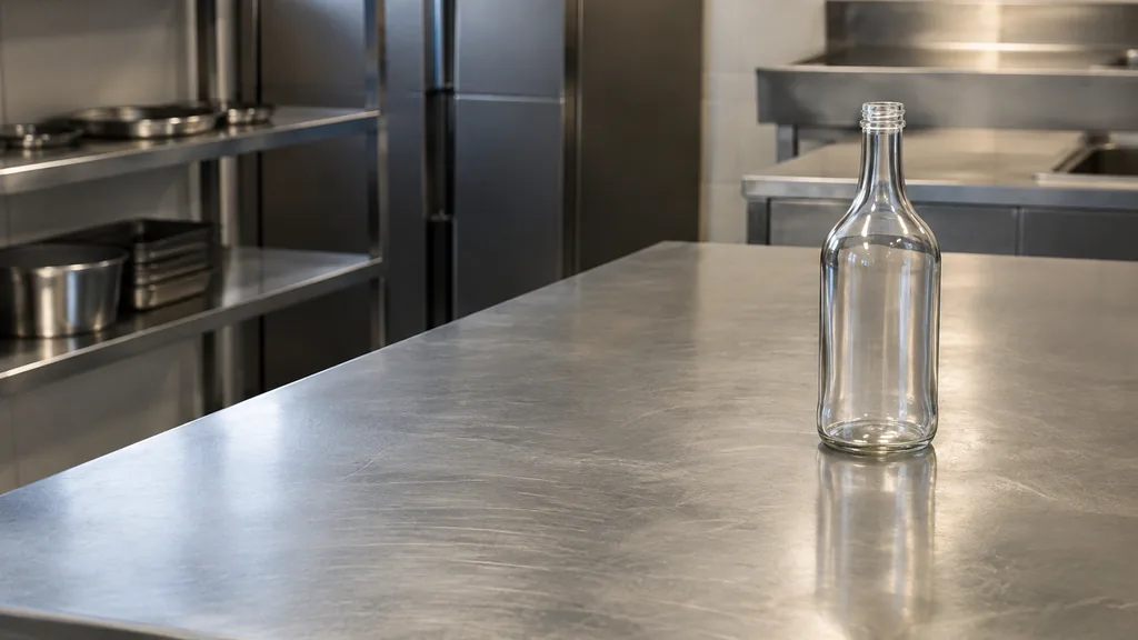 An empty workspace: an empty steel prep counter of brushed metal with one bare glass bottle in cool overhead light