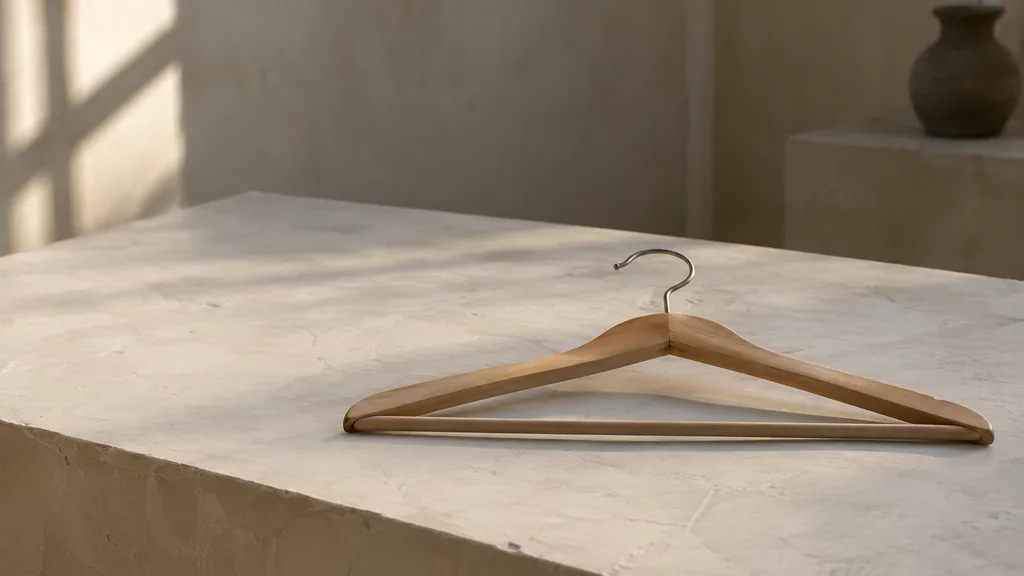 An empty workspace: an empty studio table of pale plaster with one bare wooden hanger in warm side light