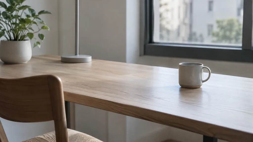 An empty workspace: an empty desk of pale ash with one bare ceramic cup in cool morning light