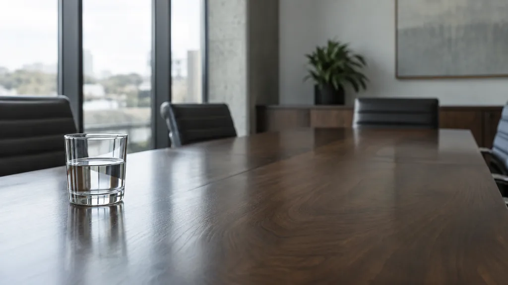 An empty workspace: an empty boardroom table of dark walnut with one bare water glass in cool north light