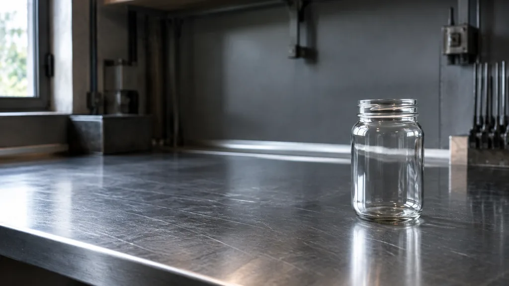 An empty workspace: an empty workbench of brushed metal with one bare glass jar in cool overhead light